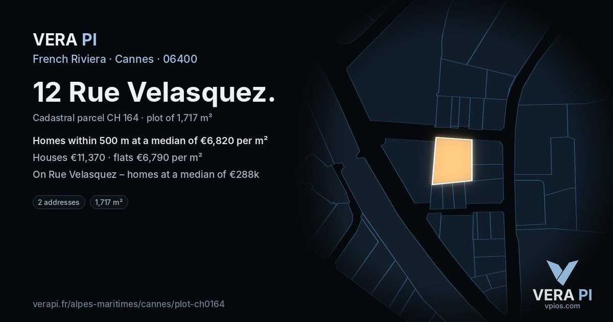 12 Rue Velasquez, Cannes at night – the plot lit, the parcels around coloured by the prices near them