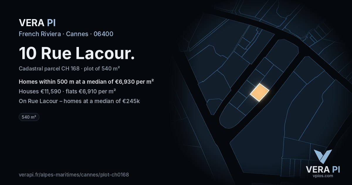 10 Rue Lacour, Cannes at night – the plot lit, the parcels around coloured by the prices near them