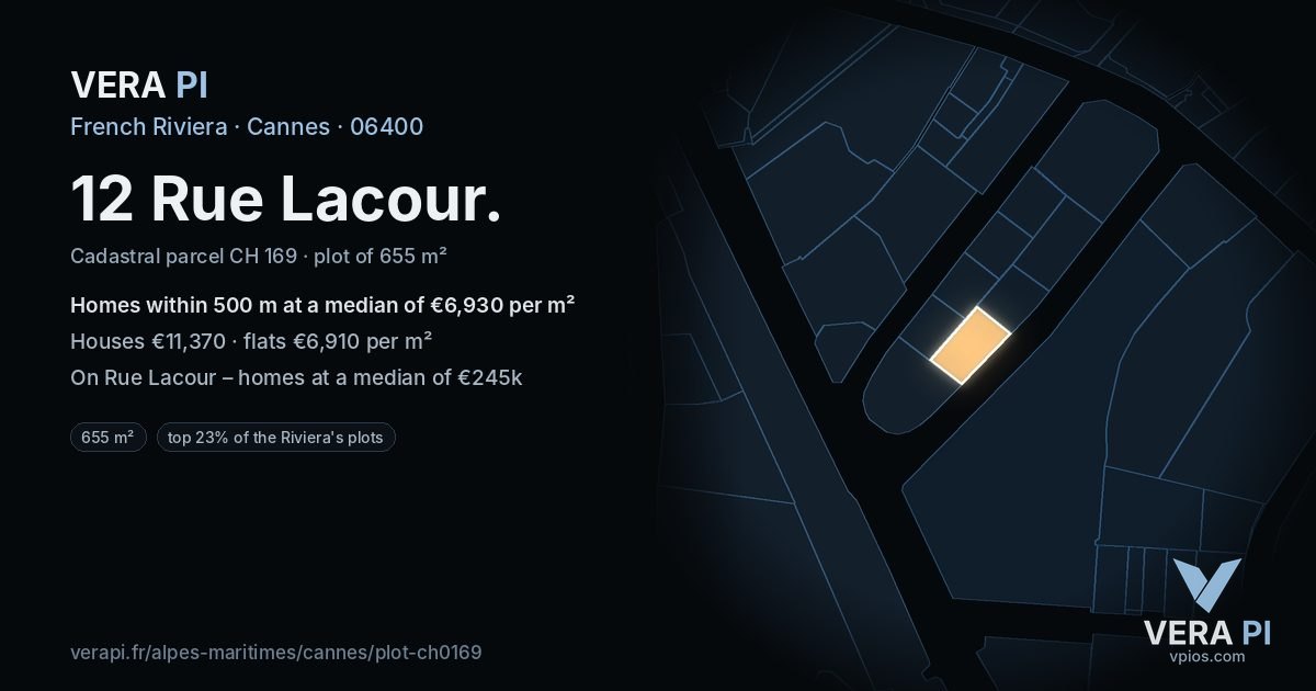12 Rue Lacour, Cannes at night – the plot lit, the parcels around coloured by the prices near them