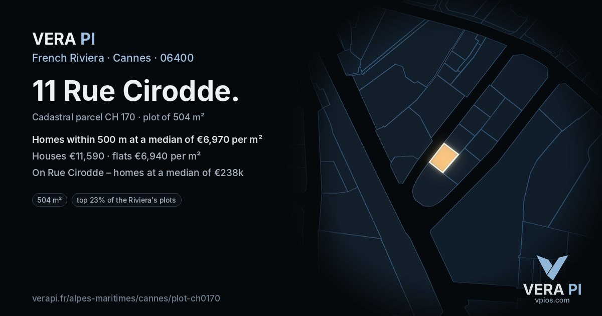 11 Rue Cirodde, Cannes at night – the plot lit, the parcels around coloured by the prices near them