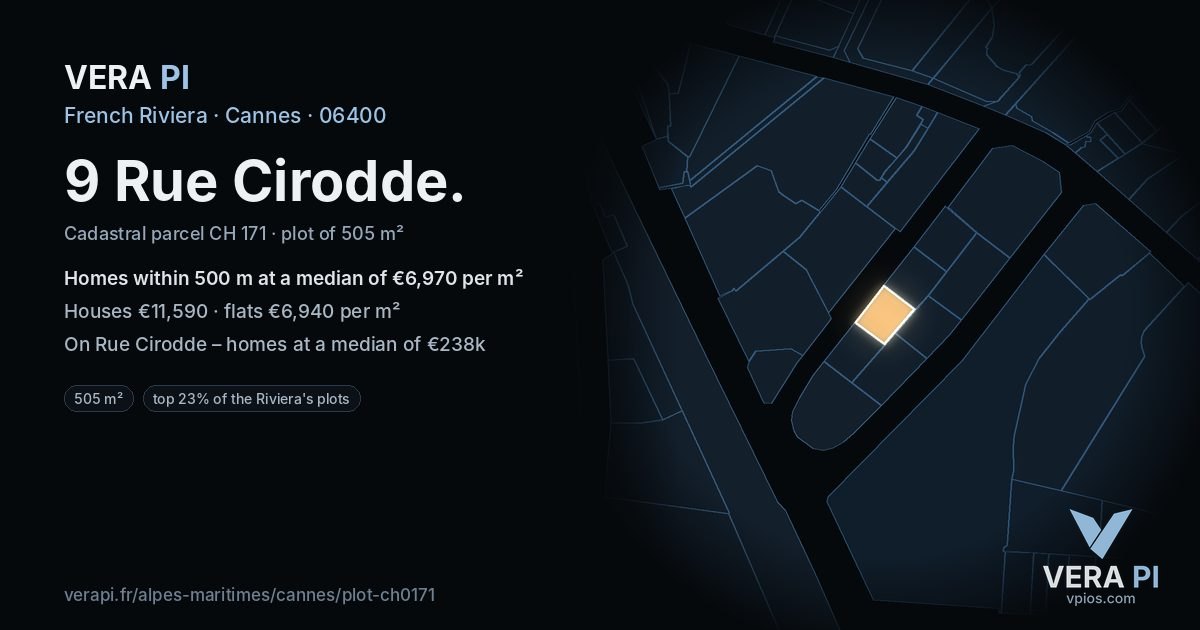 9 Rue Cirodde, Cannes at night – the plot lit, the parcels around coloured by the prices near them
