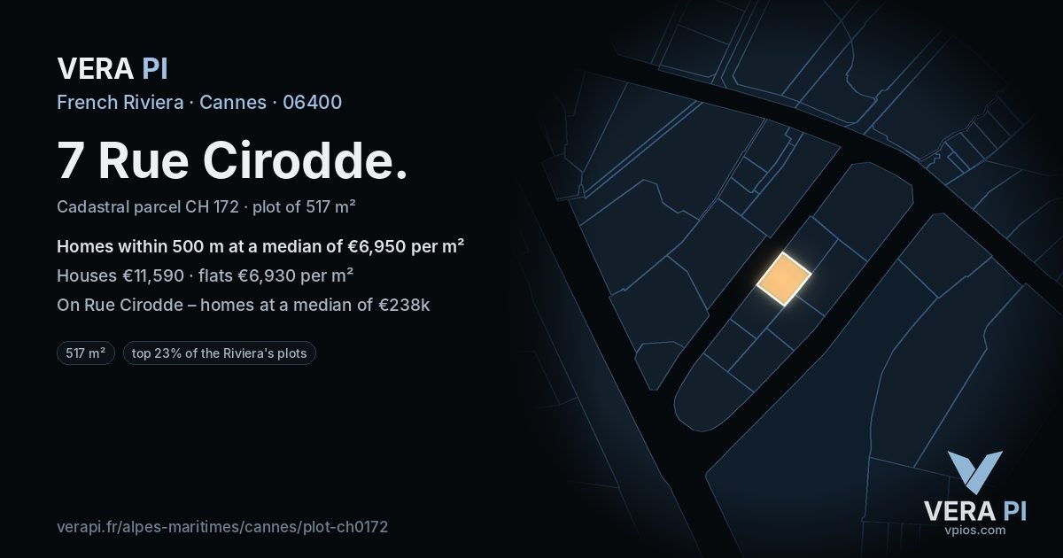 7 Rue Cirodde, Cannes at night – the plot lit, the parcels around coloured by the prices near them