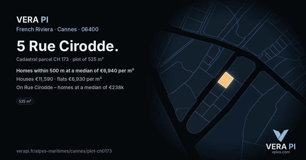 5 Rue Cirodde, Cannes at night – the plot lit, the parcels around coloured by the prices near them