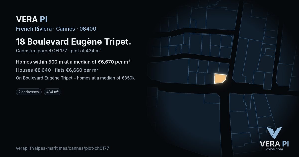 18 Boulevard Eugène Tripet, Cannes at night – the plot lit, the parcels around coloured by the prices near them