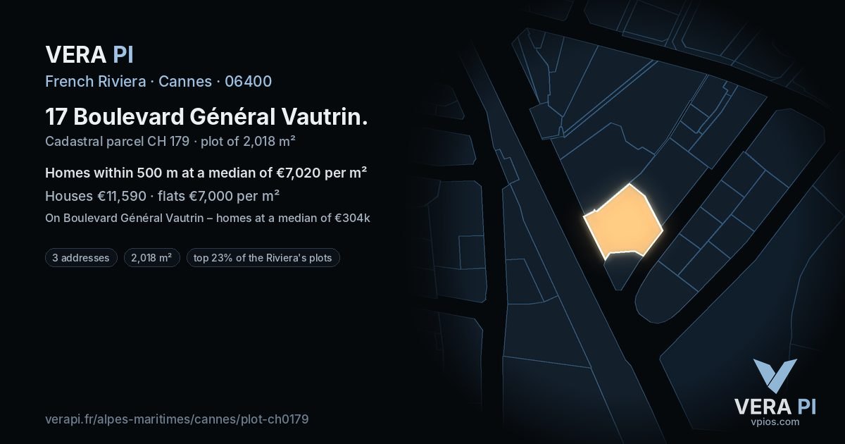 17 Boulevard Général Vautrin, Cannes at night – the plot lit, the parcels around coloured by the prices near them