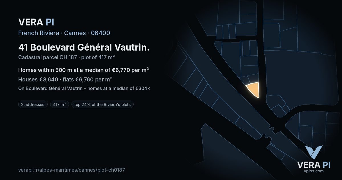 41 Boulevard Général Vautrin, Cannes at night – the plot lit, the parcels around coloured by the prices near them