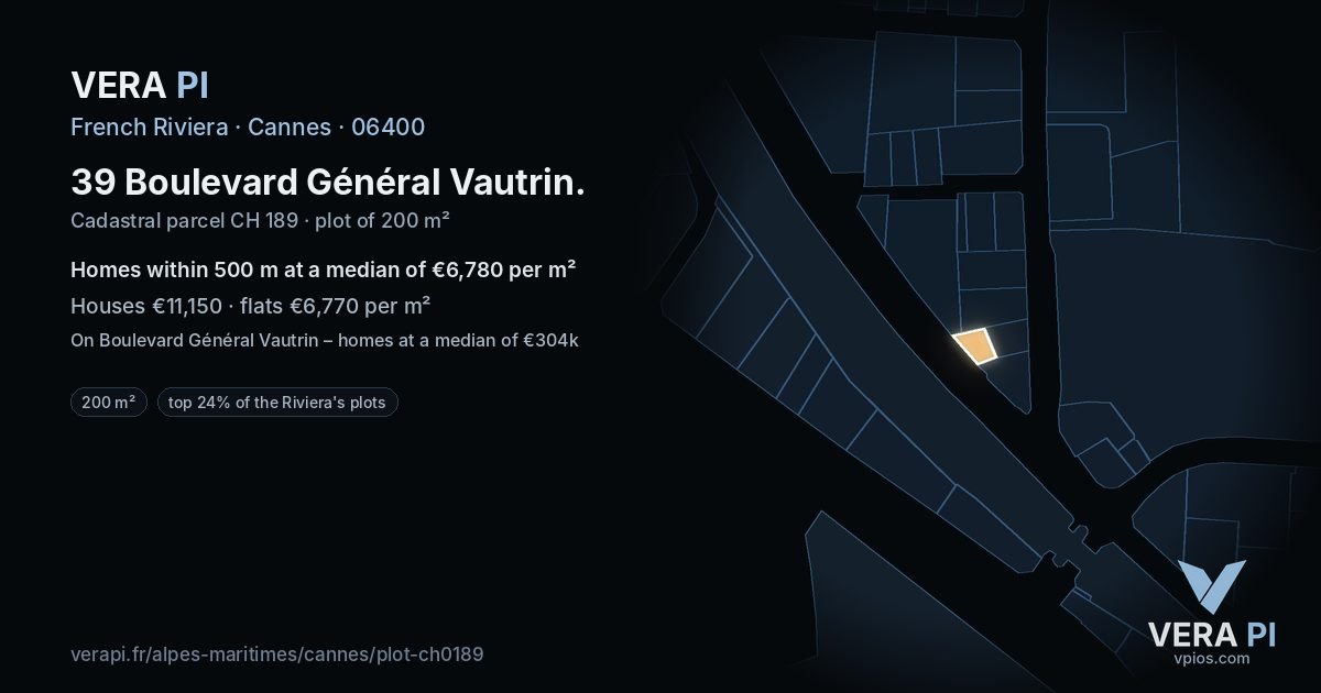 39 Boulevard Général Vautrin, Cannes at night – the plot lit, the parcels around coloured by the prices near them