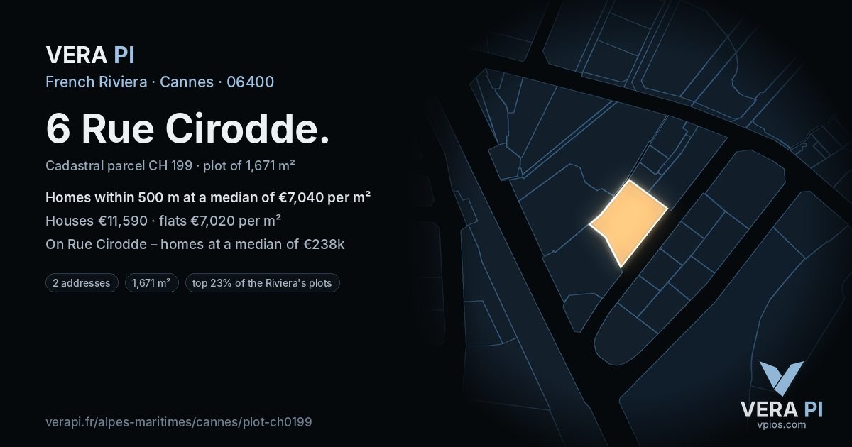 6 Rue Cirodde, Cannes at night – the plot lit, the parcels around coloured by the prices near them