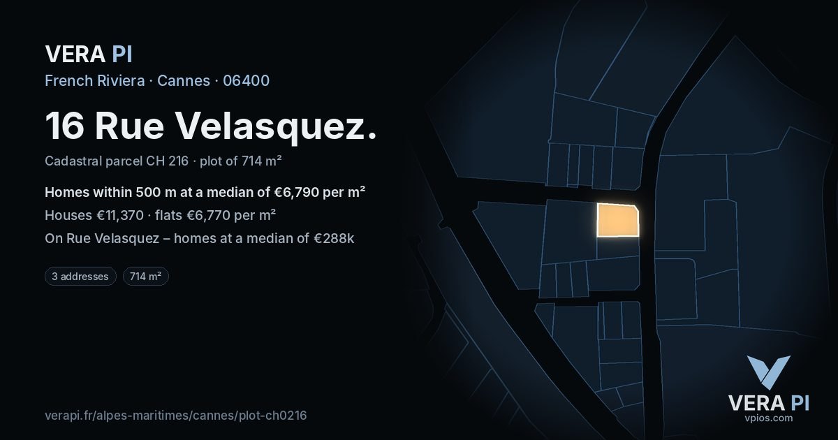 16 Rue Velasquez, Cannes at night – the plot lit, the parcels around coloured by the prices near them