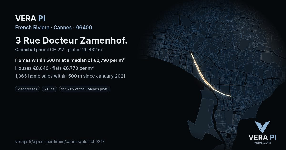 3 Rue Docteur Zamenhof, Cannes at night – the plot lit, the parcels around coloured by the prices near them