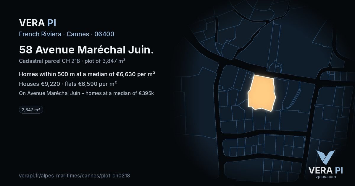 58 Avenue Maréchal Juin, Cannes at night – the plot lit, the parcels around coloured by the prices near them