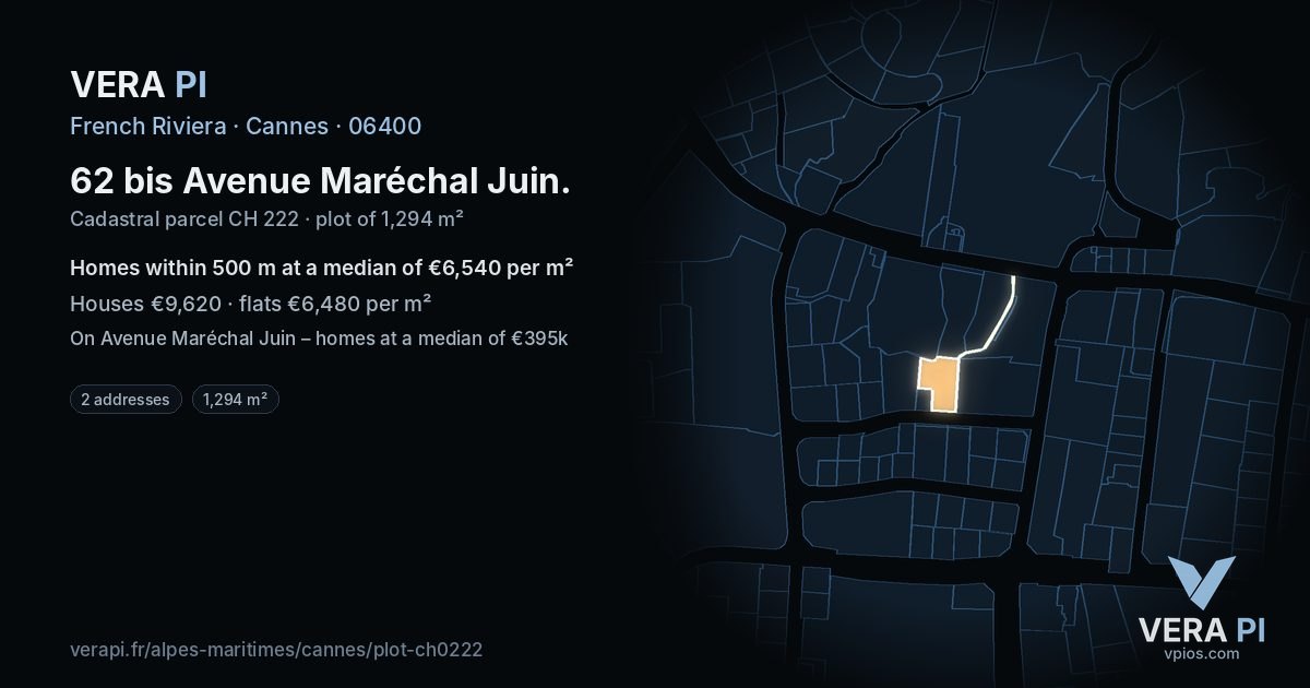62 bis Avenue Maréchal Juin, Cannes at night – the plot lit, the parcels around coloured by the prices near them