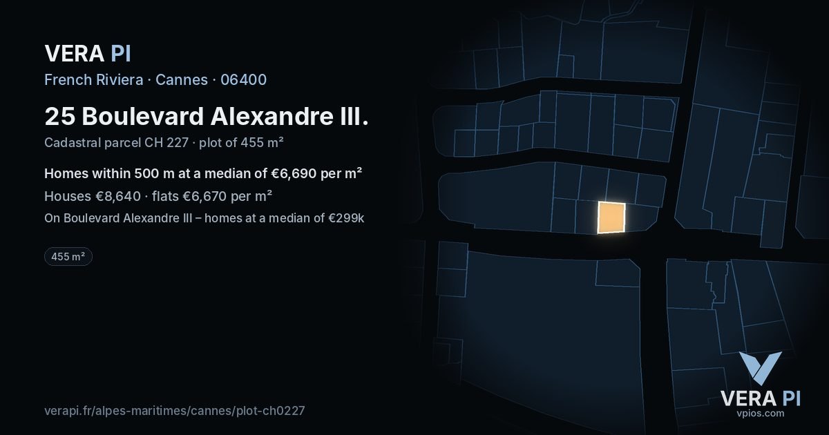 25 Boulevard Alexandre III, Cannes at night – the plot lit, the parcels around coloured by the prices near them