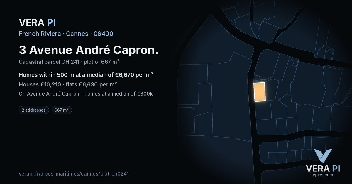 3 Avenue André Capron, Cannes at night – the plot lit, the parcels around coloured by the prices near them