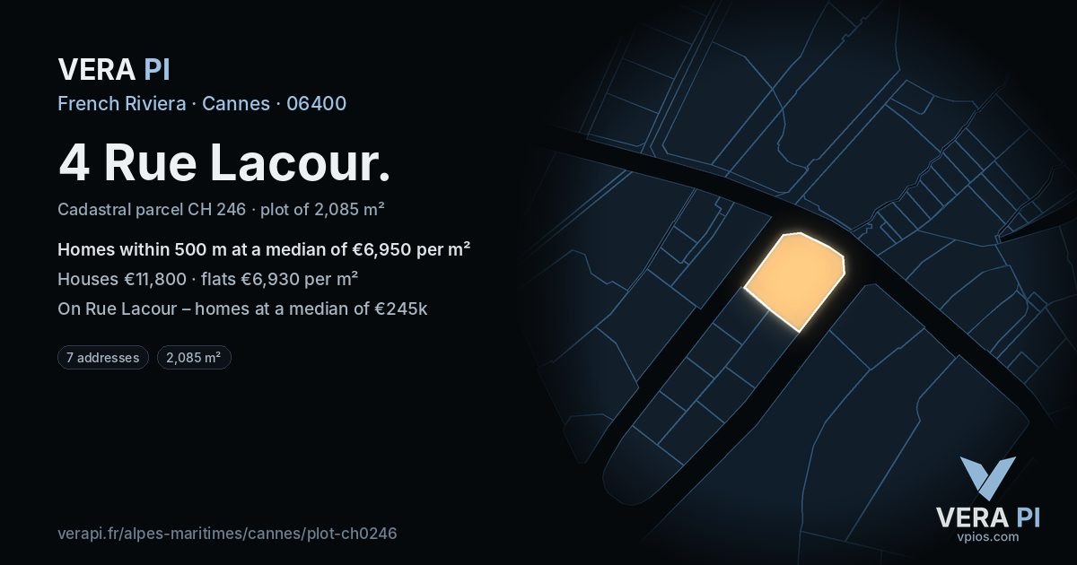 4 Rue Lacour, Cannes at night – the plot lit, the parcels around coloured by the prices near them