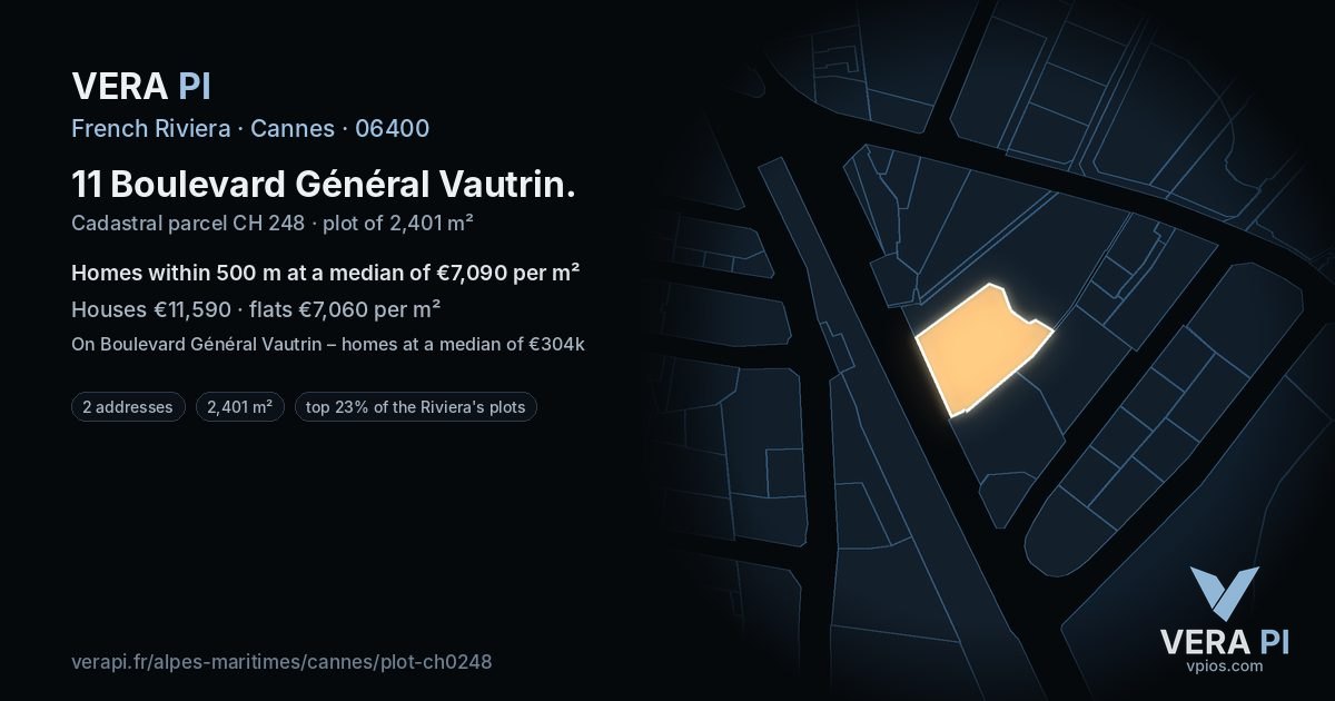 11 Boulevard Général Vautrin, Cannes at night – the plot lit, the parcels around coloured by the prices near them