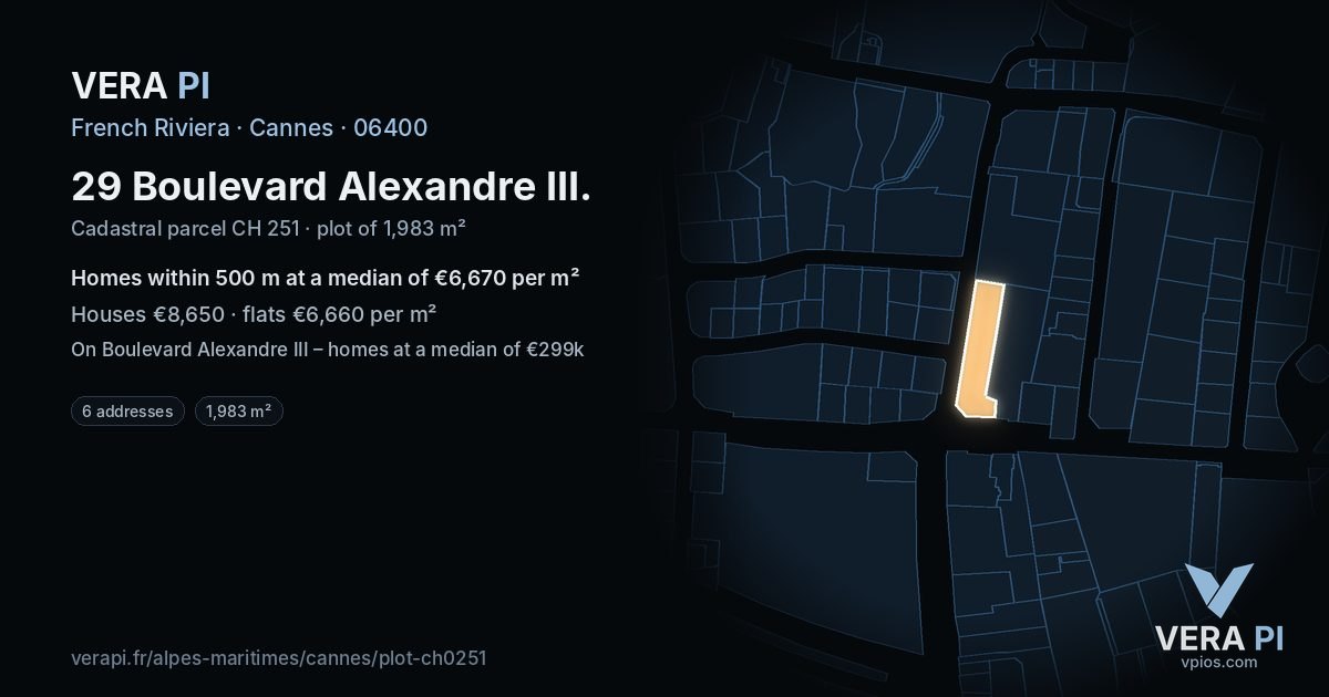 29 Boulevard Alexandre III, Cannes at night – the plot lit, the parcels around coloured by the prices near them