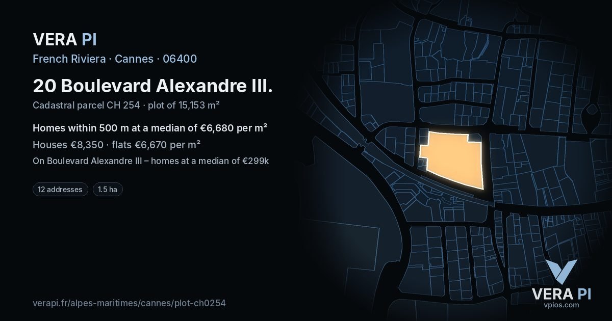 20 Boulevard Alexandre III, Cannes at night – the plot lit, the parcels around coloured by the prices near them