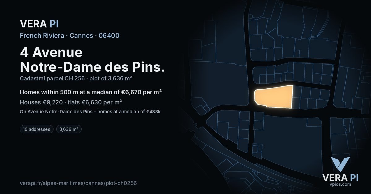 4 Avenue Notre-Dame des Pins, Cannes at night – the plot lit, the parcels around coloured by the prices near them