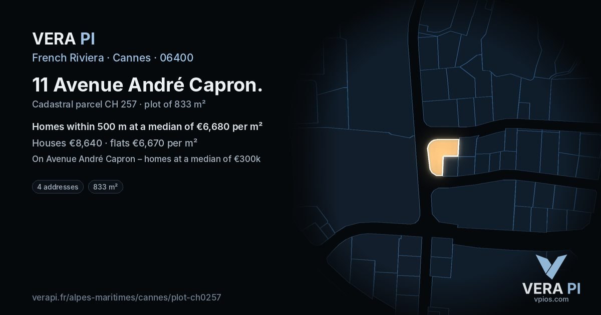 11 Avenue André Capron, Cannes at night – the plot lit, the parcels around coloured by the prices near them