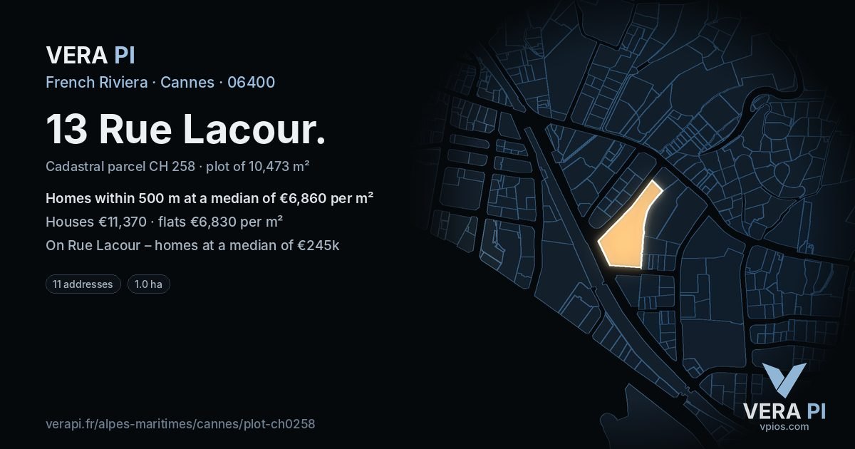 13 Rue Lacour, Cannes at night – the plot lit, the parcels around coloured by the prices near them