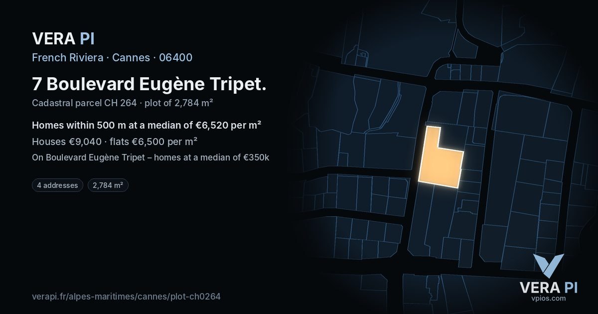 7 Boulevard Eugène Tripet, Cannes at night – the plot lit, the parcels around coloured by the prices near them