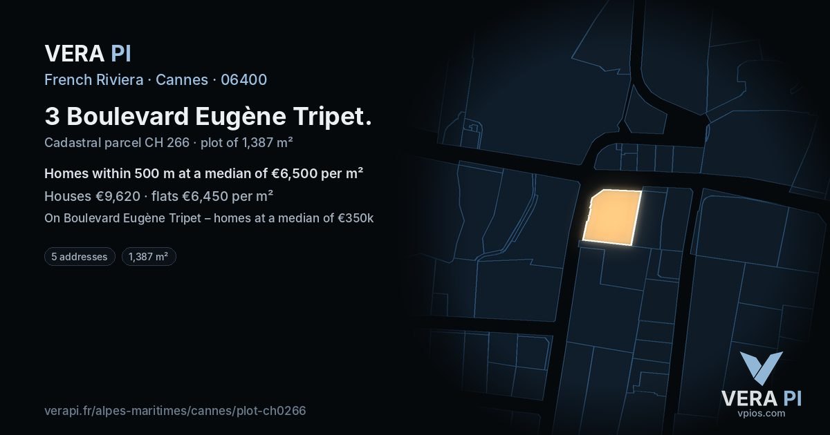 3 Boulevard Eugène Tripet, Cannes at night – the plot lit, the parcels around coloured by the prices near them