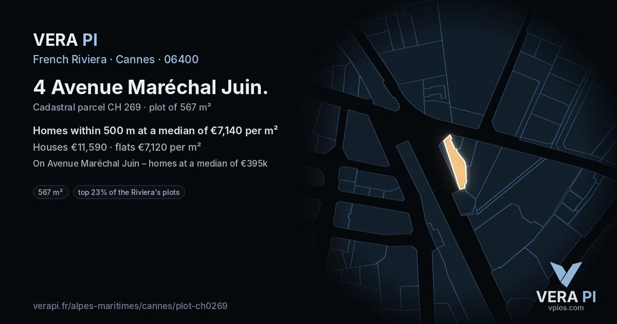 4 Avenue Maréchal Juin, Cannes at night – the plot lit, the parcels around coloured by the prices near them