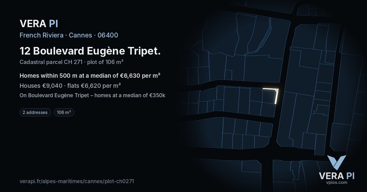 12 Boulevard Eugène Tripet, Cannes at night – the plot lit, the parcels around coloured by the prices near them