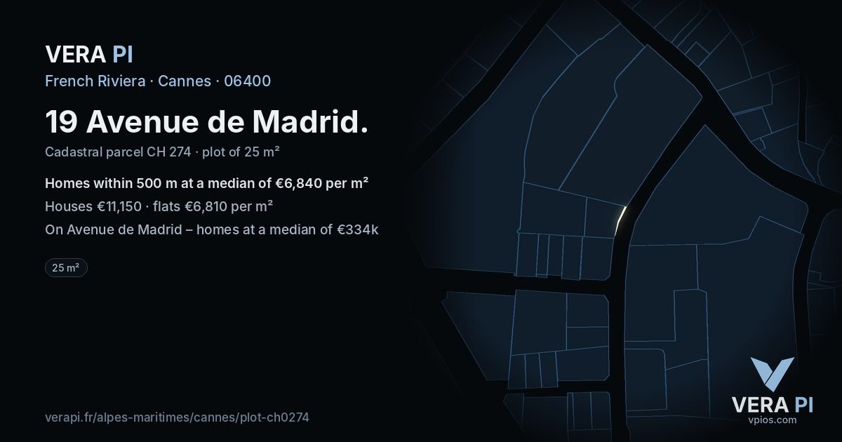 19 Avenue de Madrid, Cannes at night – the plot lit, the parcels around coloured by the prices near them