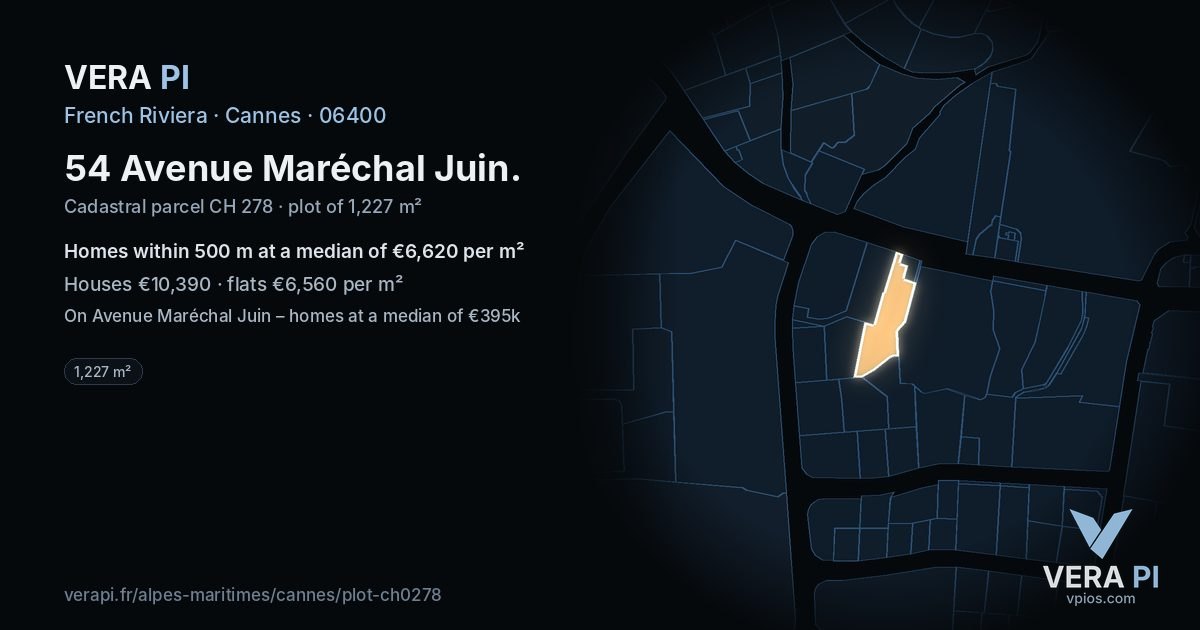 54 Avenue Maréchal Juin, Cannes at night – the plot lit, the parcels around coloured by the prices near them
