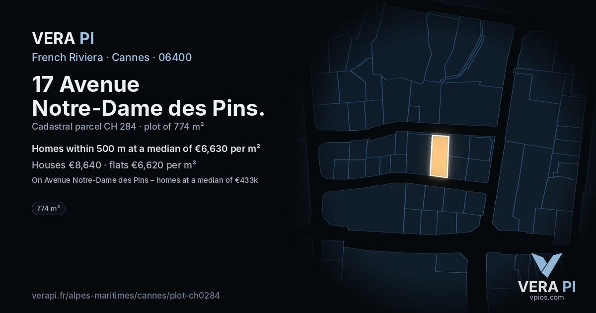 17 Avenue Notre-Dame des Pins, Cannes at night – the plot lit, the parcels around coloured by the prices near them
