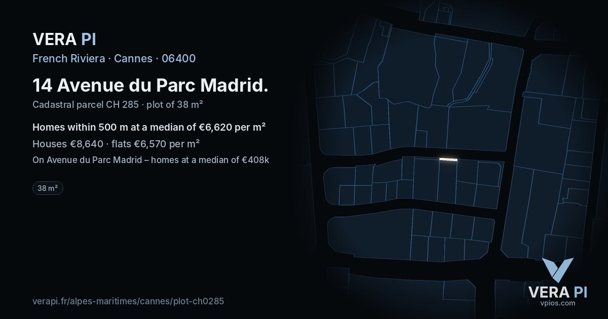 14 Avenue du Parc Madrid, Cannes at night – the plot lit, the parcels around coloured by the prices near them