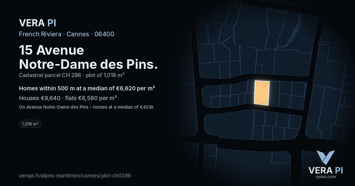 15 Avenue Notre-Dame des Pins, Cannes at night – the plot lit, the parcels around coloured by the prices near them