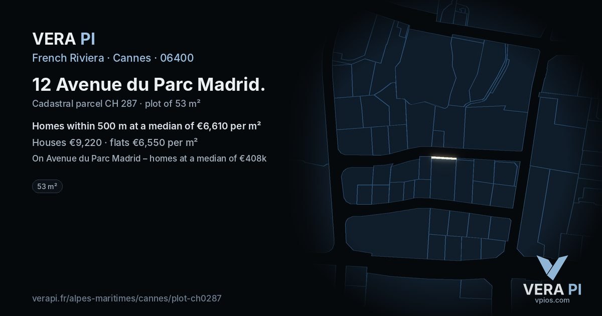12 Avenue du Parc Madrid, Cannes at night – the plot lit, the parcels around coloured by the prices near them