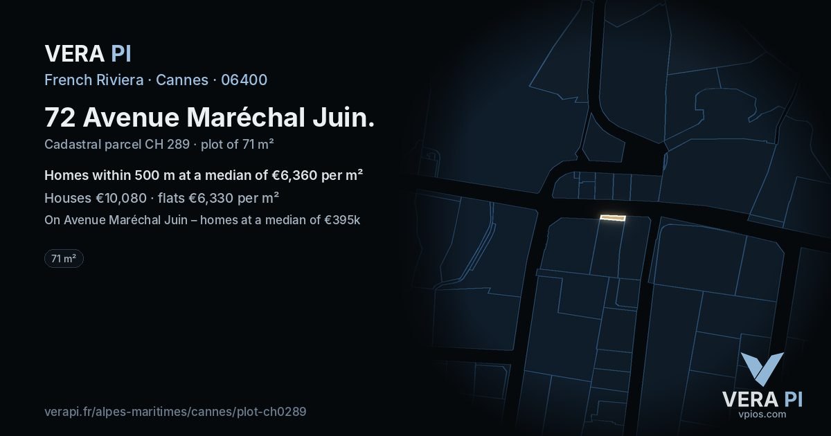 72 Avenue Maréchal Juin, Cannes at night – the plot lit, the parcels around coloured by the prices near them