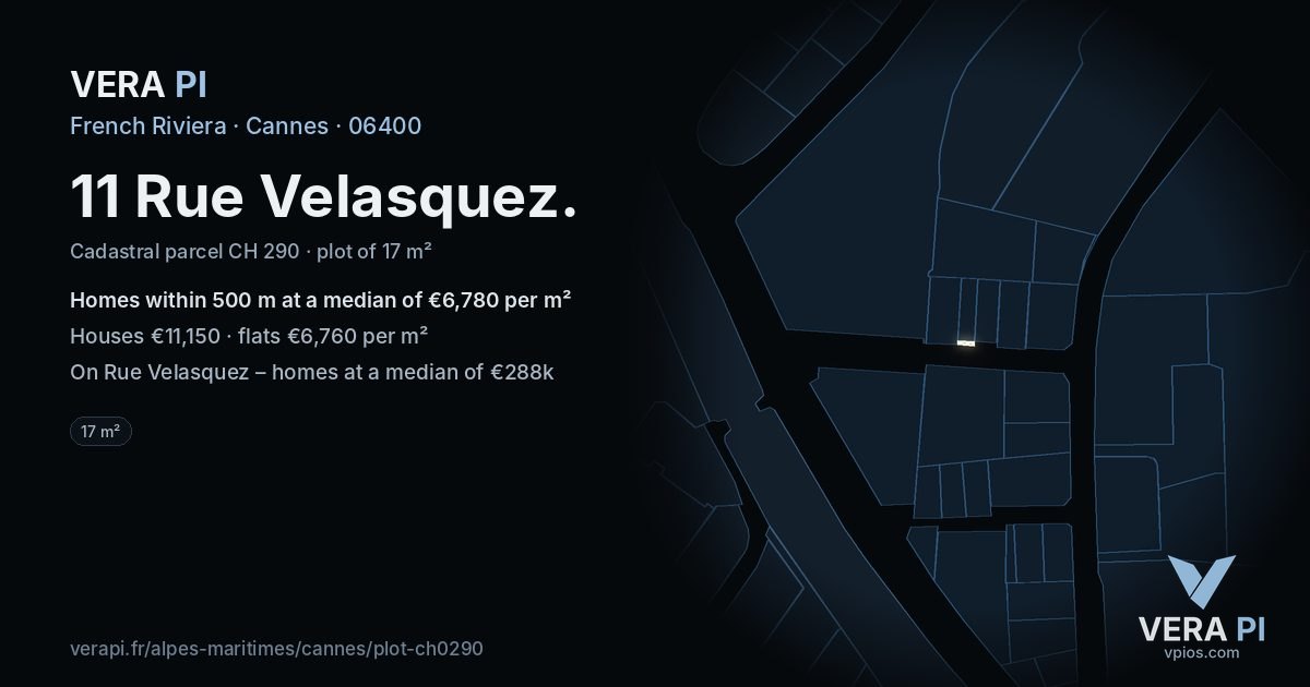 11 Rue Velasquez, Cannes at night – the plot lit, the parcels around coloured by the prices near them