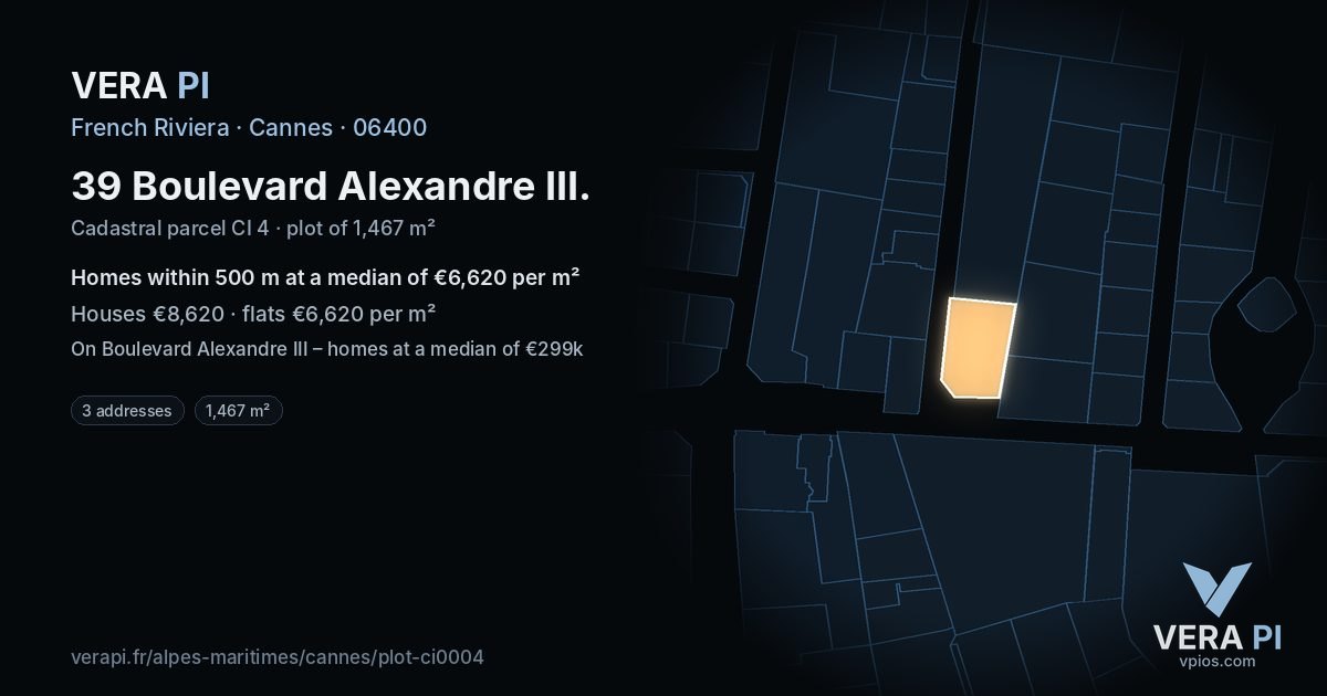 39 Boulevard Alexandre III, Cannes at night – the plot lit, the parcels around coloured by the prices near them