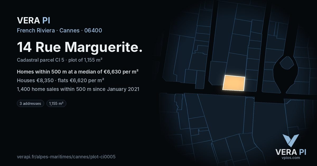 14 Rue Marguerite, Cannes at night – the plot lit, the parcels around coloured by the prices near them