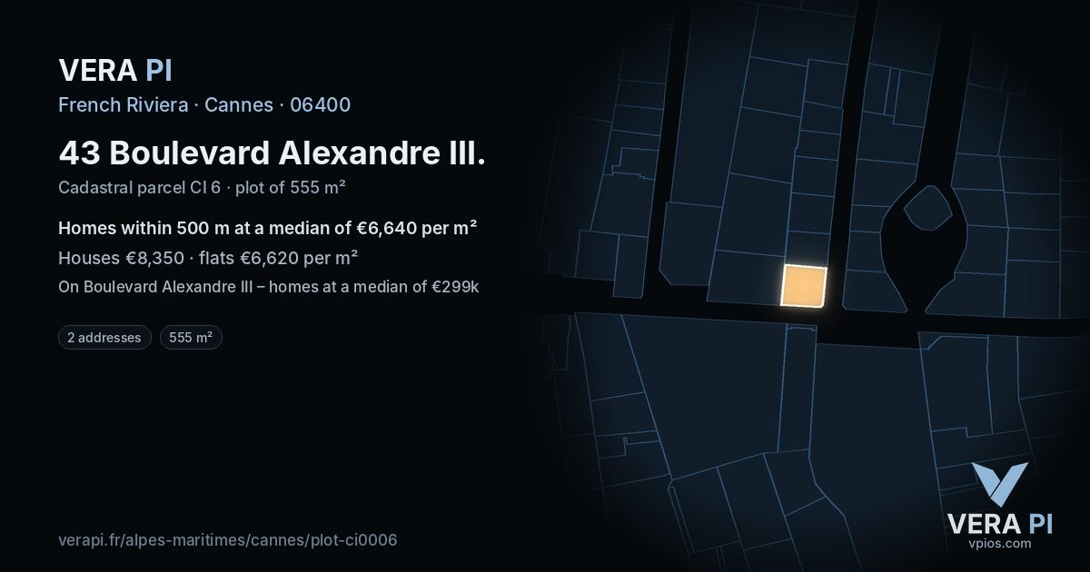 43 Boulevard Alexandre III, Cannes at night – the plot lit, the parcels around coloured by the prices near them