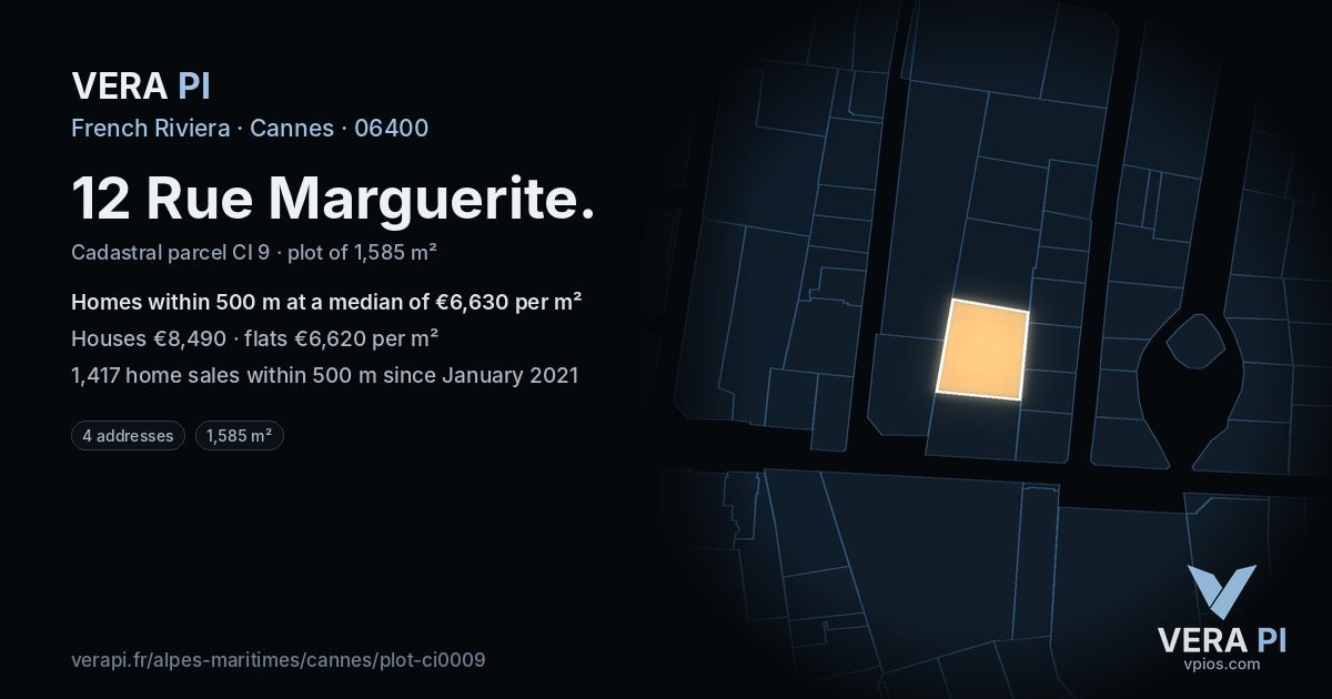 12 Rue Marguerite, Cannes at night – the plot lit, the parcels around coloured by the prices near them
