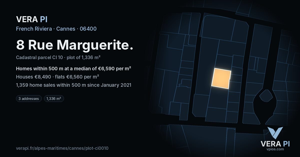 8 Rue Marguerite, Cannes at night – the plot lit, the parcels around coloured by the prices near them