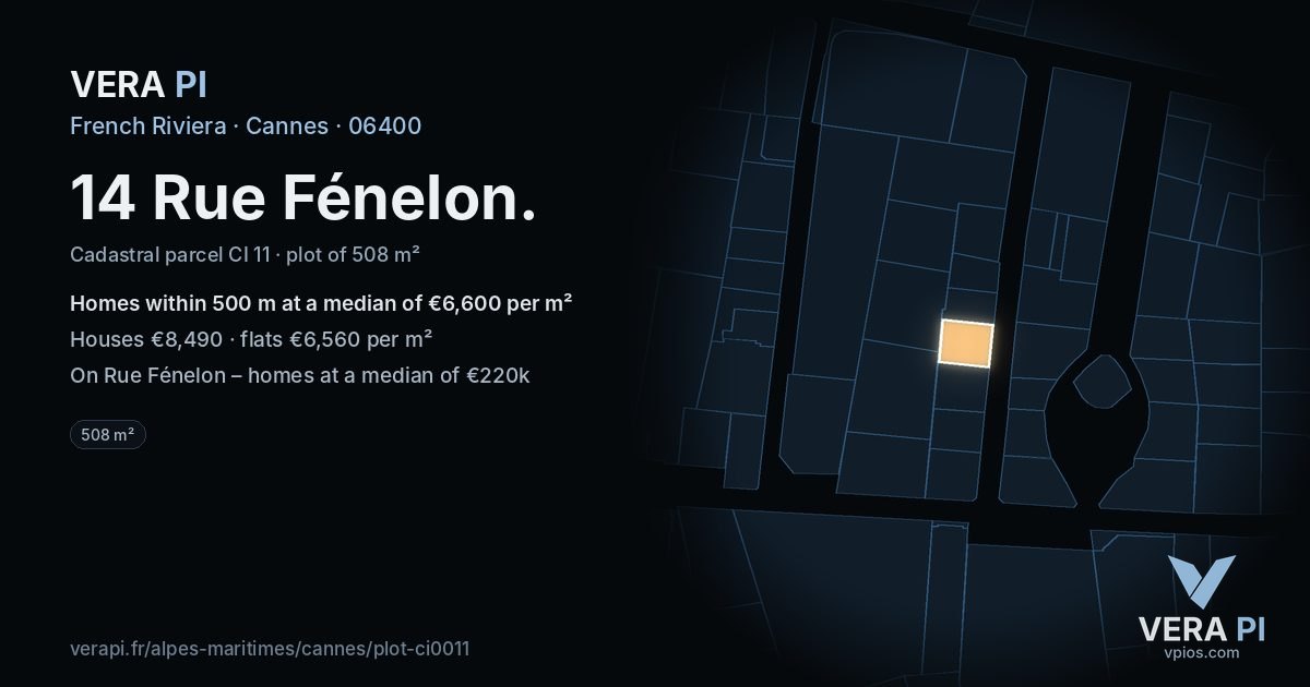 14 Rue Fénelon, Cannes at night – the plot lit, the parcels around coloured by the prices near them