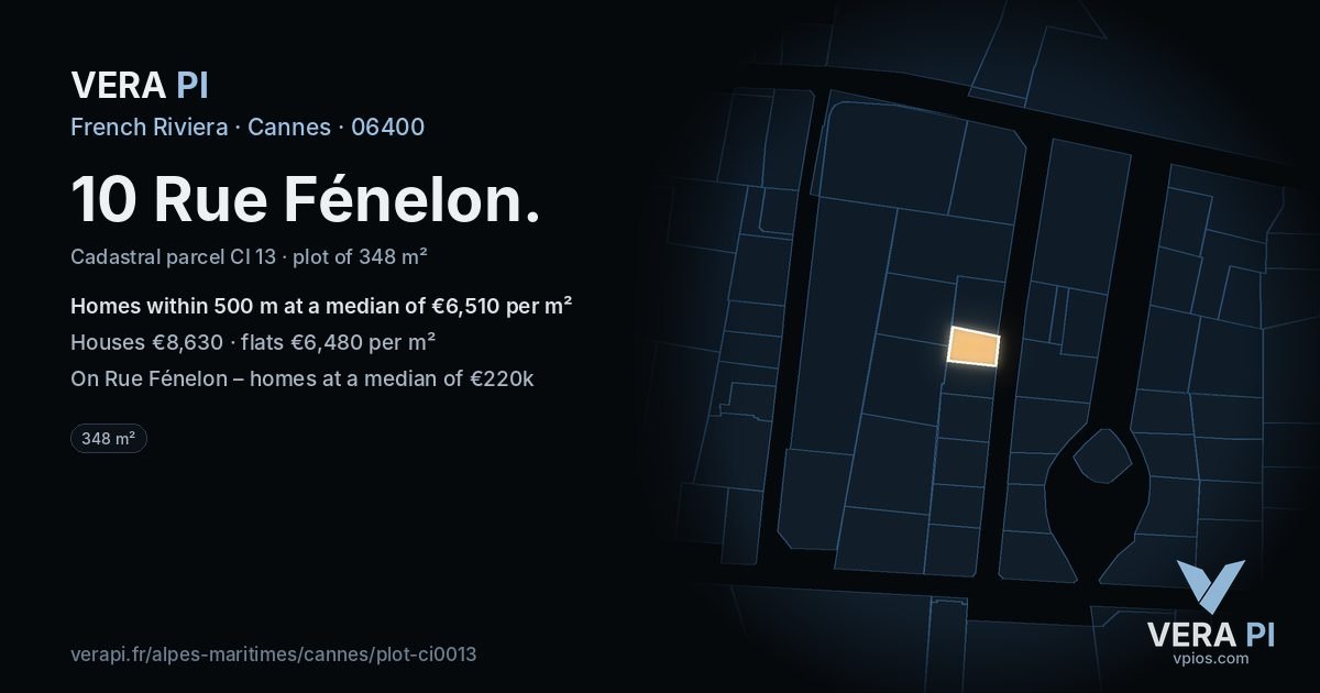 10 Rue Fénelon, Cannes at night – the plot lit, the parcels around coloured by the prices near them