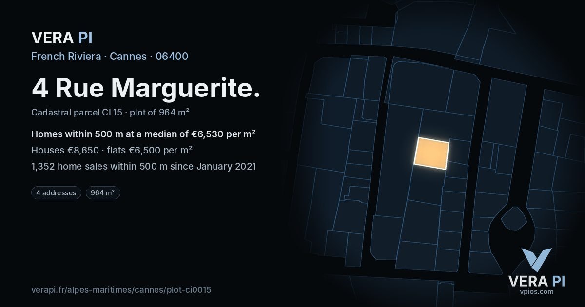 4 Rue Marguerite, Cannes at night – the plot lit, the parcels around coloured by the prices near them