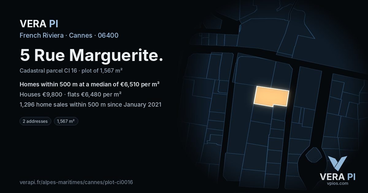 5 Rue Marguerite, Cannes at night – the plot lit, the parcels around coloured by the prices near them