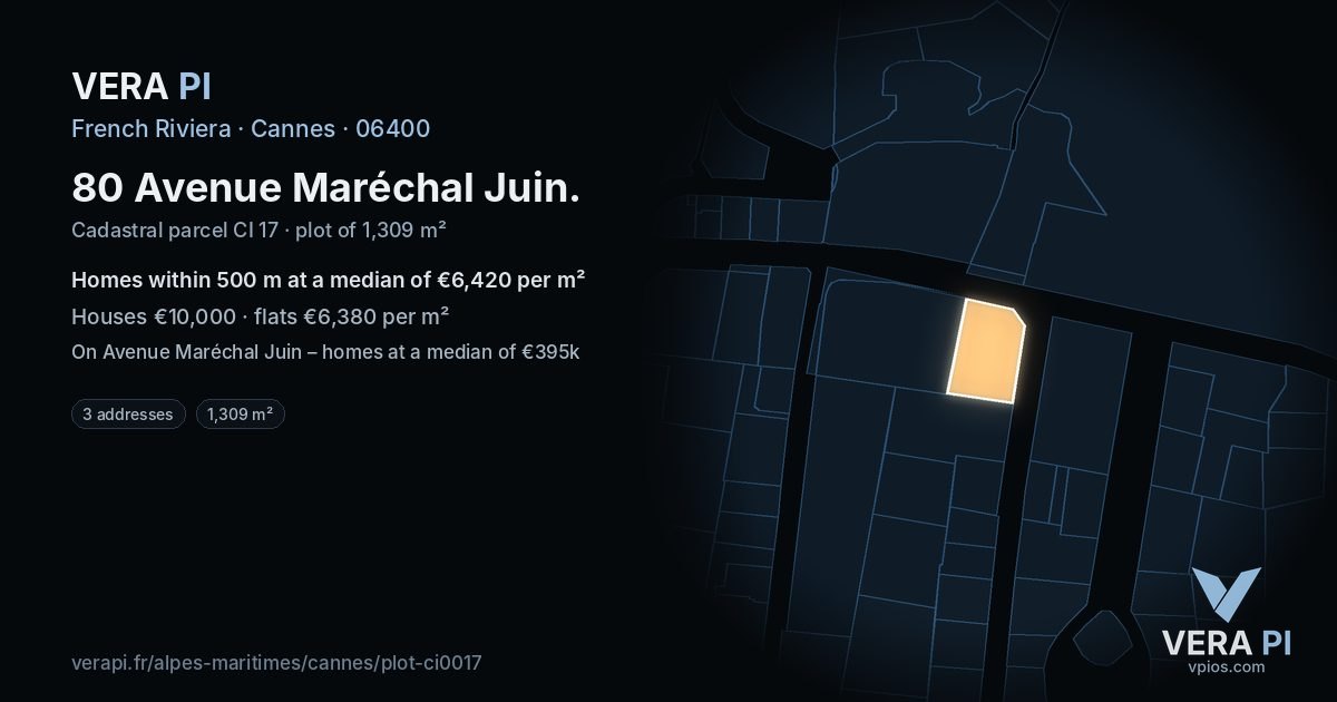 80 Avenue Maréchal Juin, Cannes at night – the plot lit, the parcels around coloured by the prices near them
