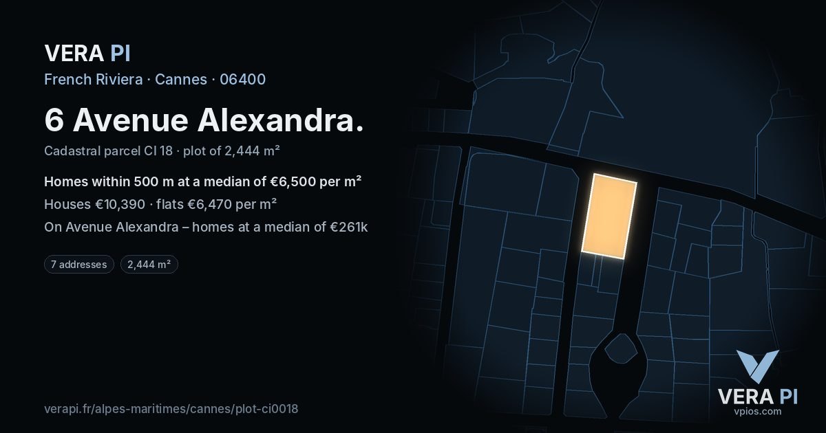 6 Avenue Alexandra, Cannes at night – the plot lit, the parcels around coloured by the prices near them