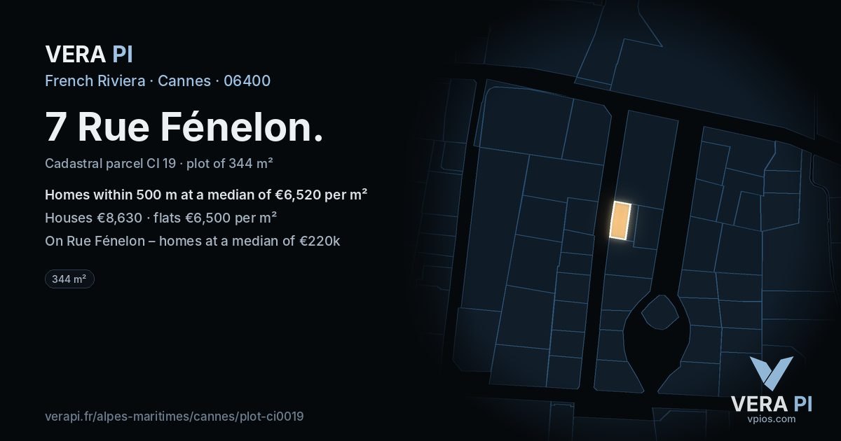 7 Rue Fénelon, Cannes at night – the plot lit, the parcels around coloured by the prices near them