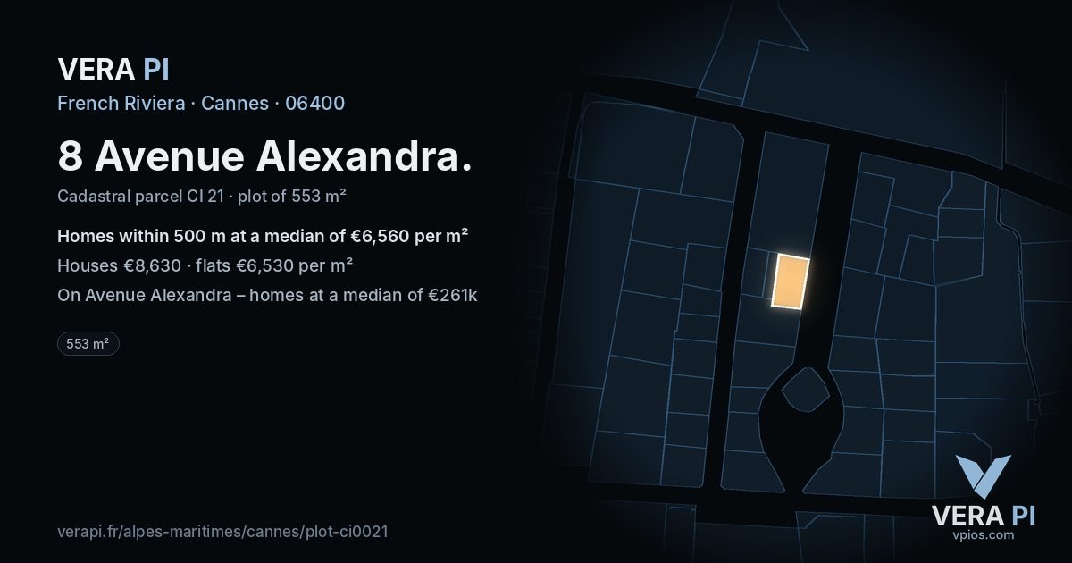 8 Avenue Alexandra, Cannes at night – the plot lit, the parcels around coloured by the prices near them